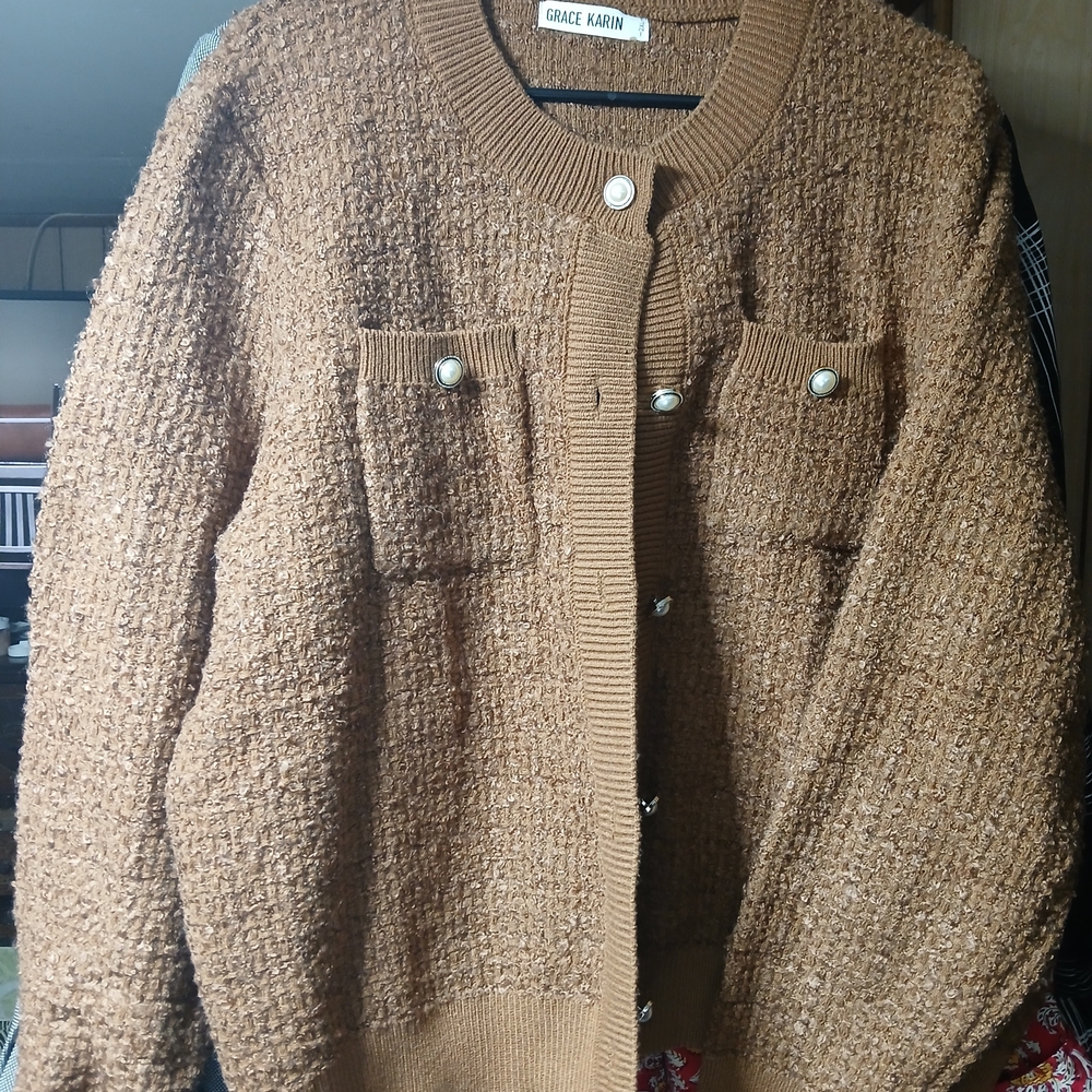 Grace Karin Textured Button-Front Cardigan - Camel Brown